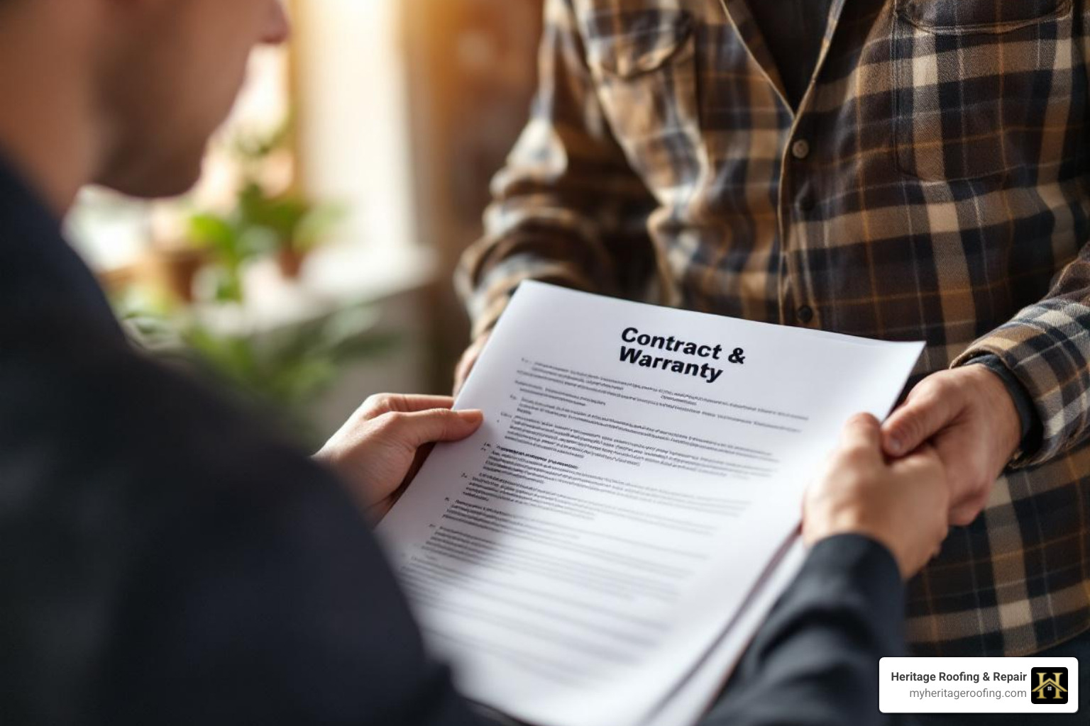 contractor showing a client a detailed contract and warranty document - flat roofing contractors