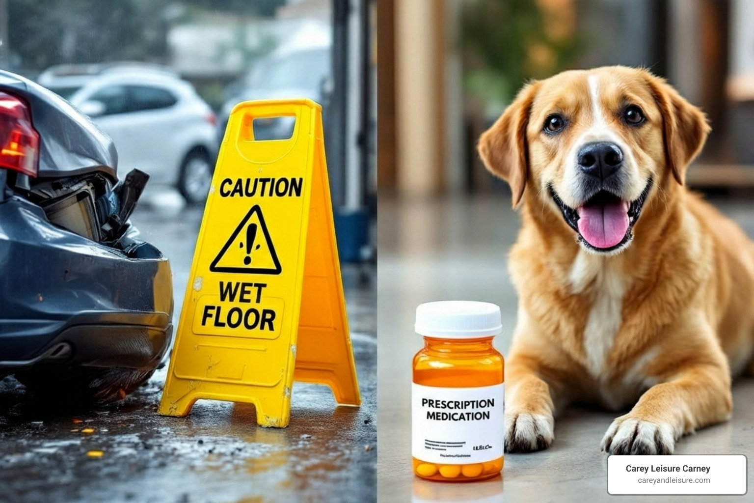 Collage showing a car accident, a wet floor sign, a dog, and a medicine bottle - what kind of cases do personal injury lawyers handle