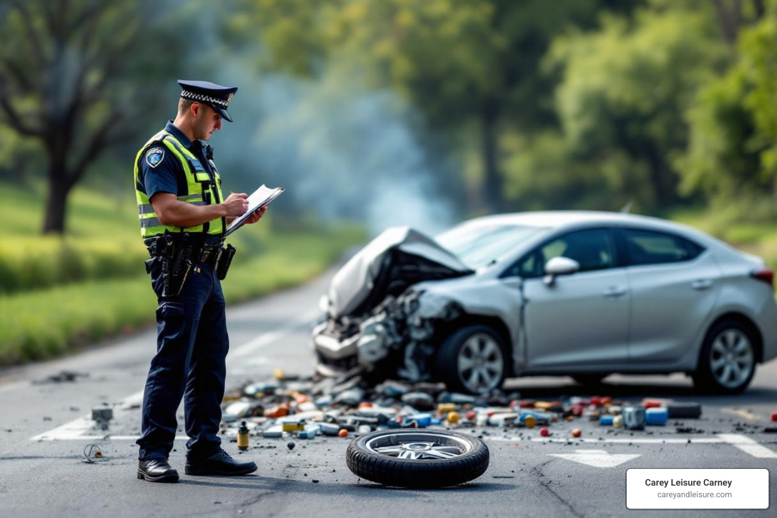 Car accident scene with a police officer taking notes - Uninsured motorist claim Florida