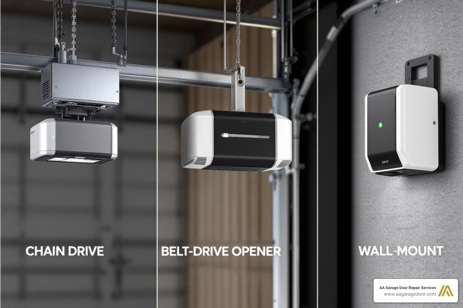 different types of garage door openers like chain-drive, belt-drive, and wall-mount - garage door prices