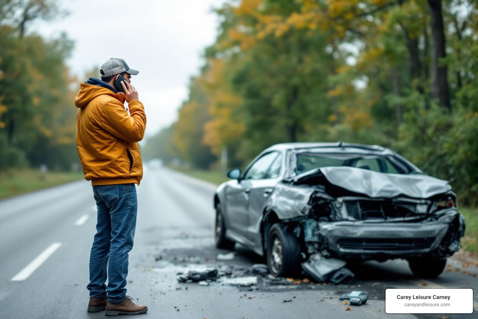 driver on phone by damaged car - tampa car accident attorney