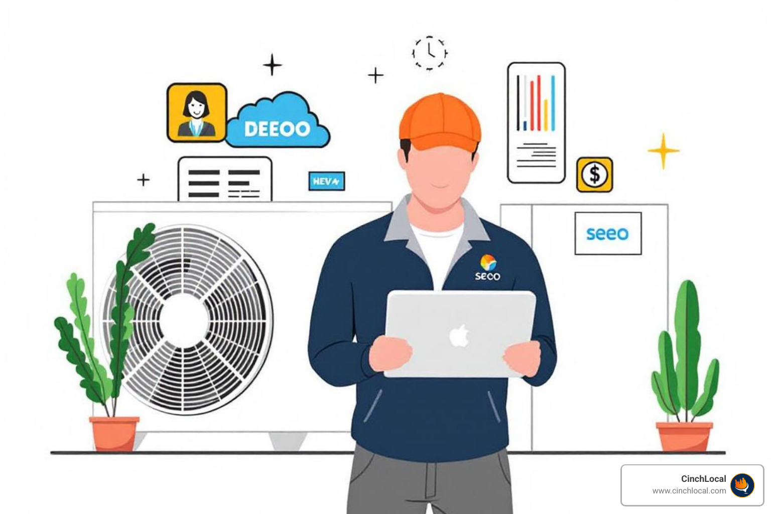 graph showing the compounding ROI from a consistent SEO investment over 12-24 months, with leads and revenue climbing steadily - seo for hvac company cost