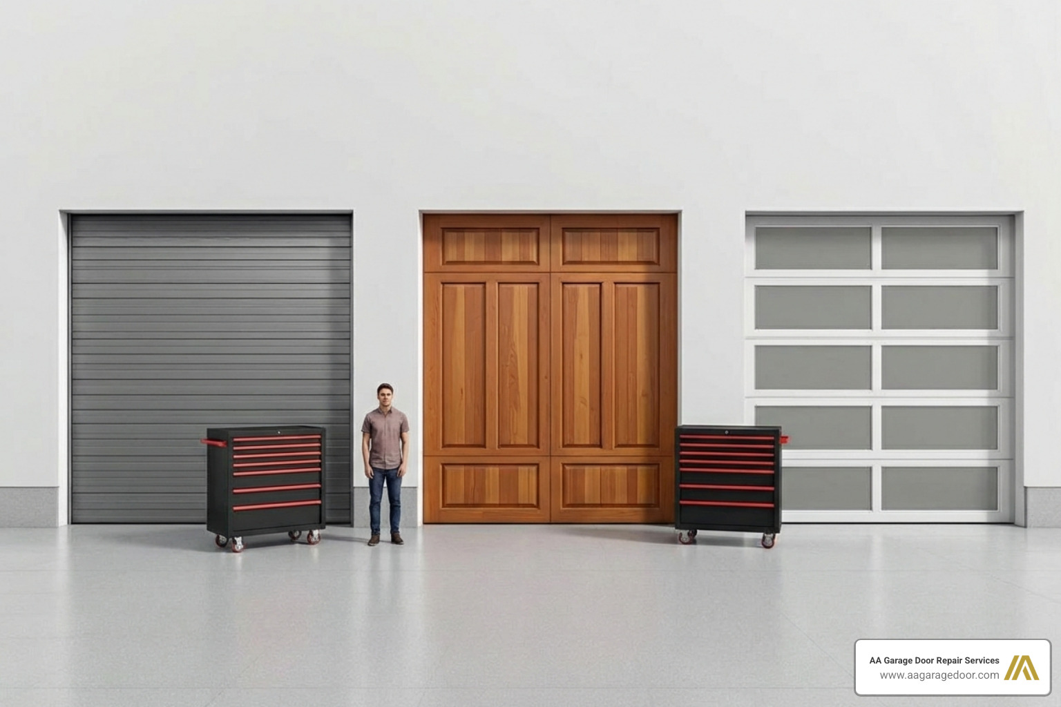 different garage door materials like steel, wood, and aluminum side-by-side - garage door prices