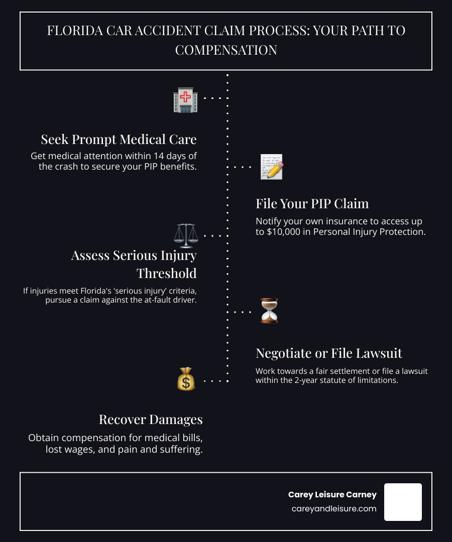 Infographic showing the Florida car accident claim process: 1) Crash occurs and you seek medical care within 14 days, 2) File PIP claim with your own insurance for up to $10,000, 3) If injuries meet serious injury threshold, pursue claim against at-fault driver, 4) Negotiate settlement or file lawsuit within 2-year statute of limitations, 5) Recover economic damages (medical bills, lost wages) and non-economic damages (pain and suffering) - Florida car crash lawyer infographic infographic-line-5-steps-dark Infographic showing the Florida car accident claim process: 1) Crash occurs and you seek medical care within 14 days, 2) File PIP claim with your own insurance for up to $10,000, 3) If injuries meet serious injury threshold, pursue claim against at-fault driver, 4) Negotiate settlement or file lawsuit within 2-year statute of limitations, 5) Recover economic damages (medical bills, lost wages) and non-economic damages (pain and suffering) - Florida car crash lawyer infographic infographic-line-5-steps-dark