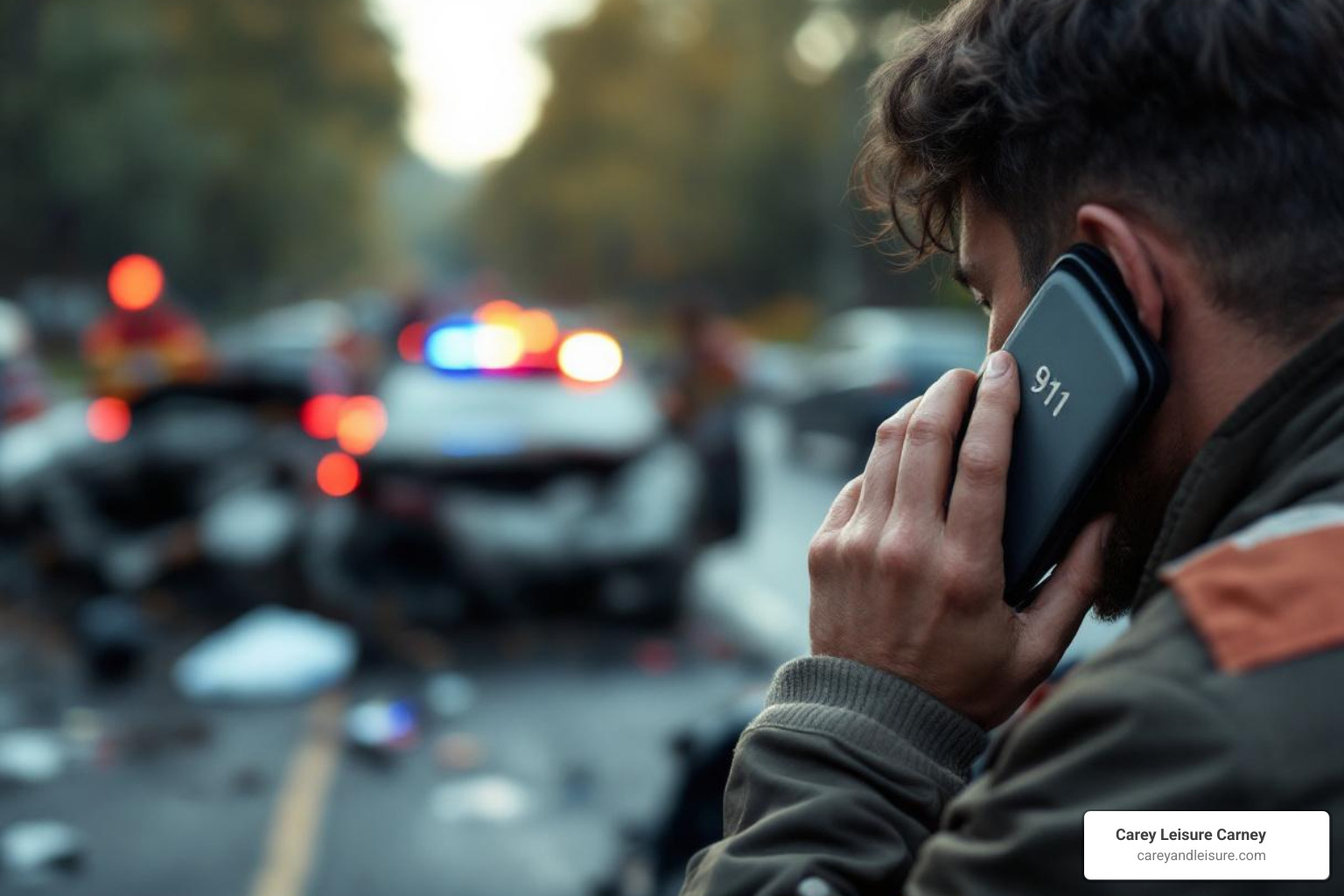 driver on the phone with 911 at an accident scene - Florida car crash lawyer driver on the phone with 911 at an accident scene - Florida car crash lawyer