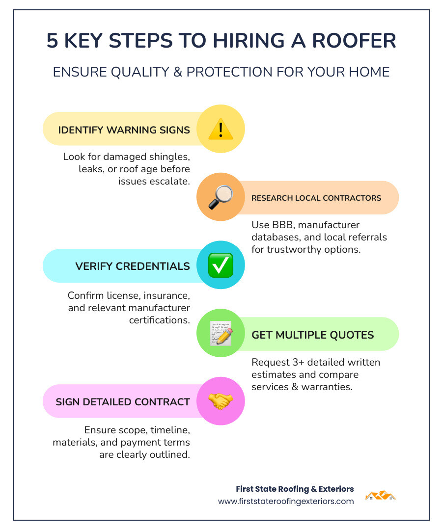 Infographic showing 5 key steps to hiring a roofer: Step 1 - Identify warning signs like damaged shingles or leaks, Step 2 - Research local contractors using BBB and manufacturer directories, Step 3 - Verify credentials including license, insurance, and certifications, Step 4 - Get multiple written quotes and compare warranties, Step 5 - Sign a detailed contract with clear timelines and scope - find roofers in my area infographic infographic-line-5-steps-colors Infographic showing 5 key steps to hiring a roofer: Step 1 - Identify warning signs like damaged shingles or leaks, Step 2 - Research local contractors using BBB and manufacturer directories, Step 3 - Verify credentials including license, insurance, and certifications, Step 4 - Get multiple written quotes and compare warranties, Step 5 - Sign a detailed contract with clear timelines and scope - find roofers in my area infographic infographic-line-5-steps-colors