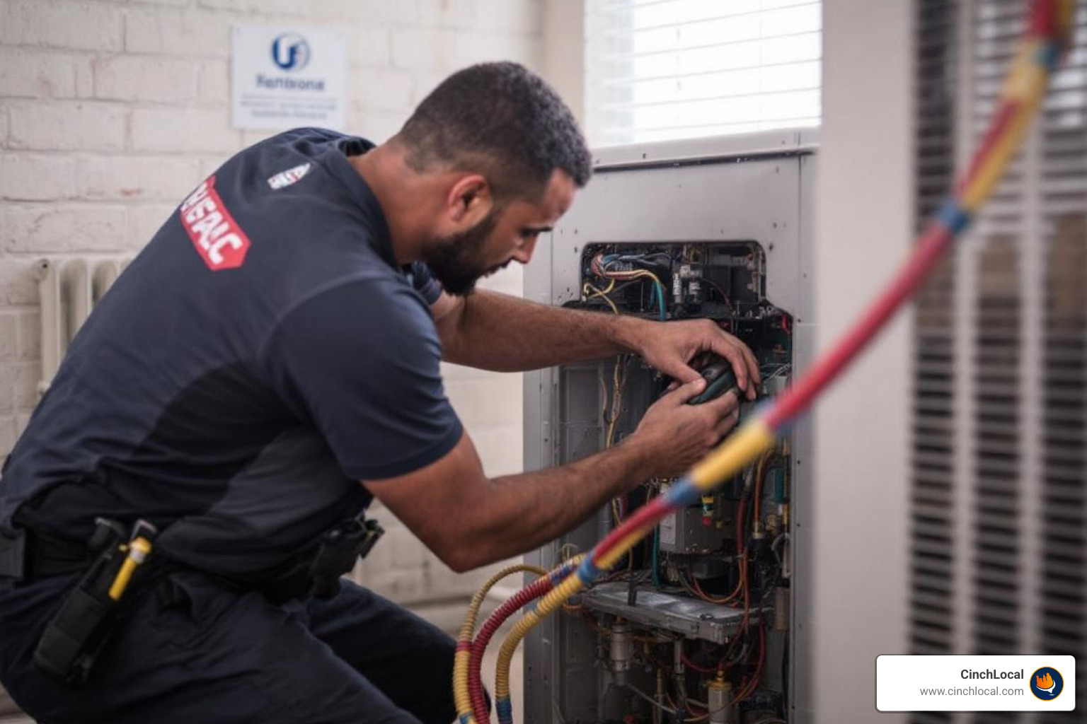 Roofing contractor’s website on a tablet, displaying a location-specific service page with testimonials and a map - hvac company local seo