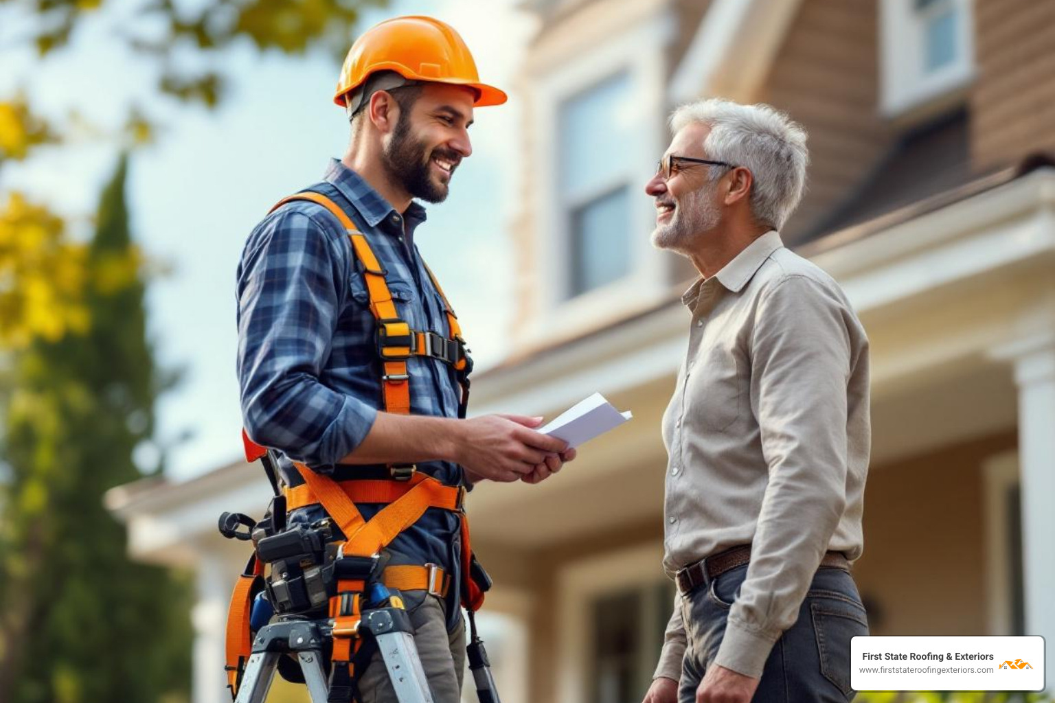 roofer on ladder discussing quote with homeowner - find roofers in my area roofer on ladder discussing quote with homeowner - find roofers in my area