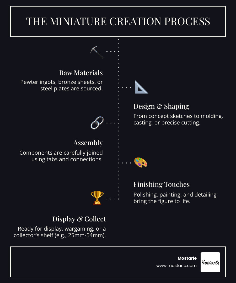 infographic showing the creation process of small metal figures: raw materials (pewter ingots, bronze sheets, steel plates) flowing through design sketches, molding or cutting, assembly with tabs and connections, finishing with polishing or painting, and final display as collectible miniatures with size comparisons from 25mm to 54mm scale - Small metal figures infographic infographic-line-5-steps-dark