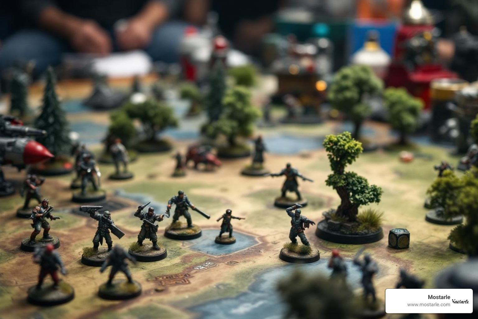 a wargaming table with painted miniatures in the middle of a game - Small metal figures