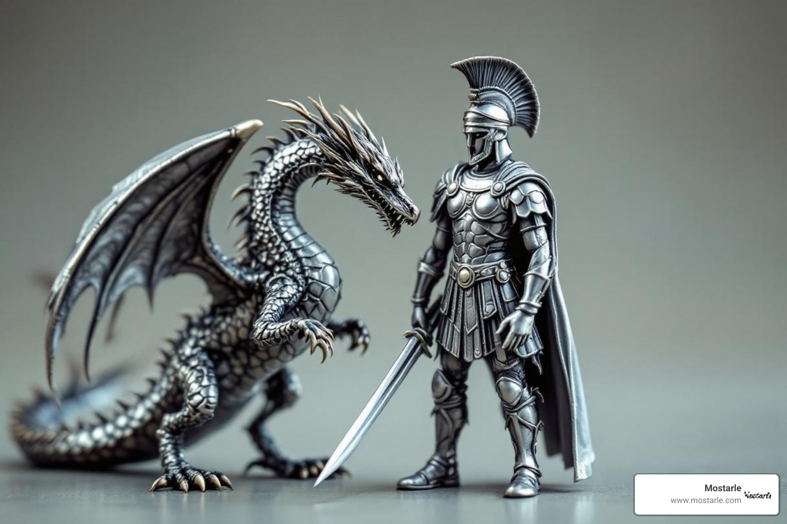 a detailed fantasy dragon figure next to a historical Roman soldier figure - Small metal figures