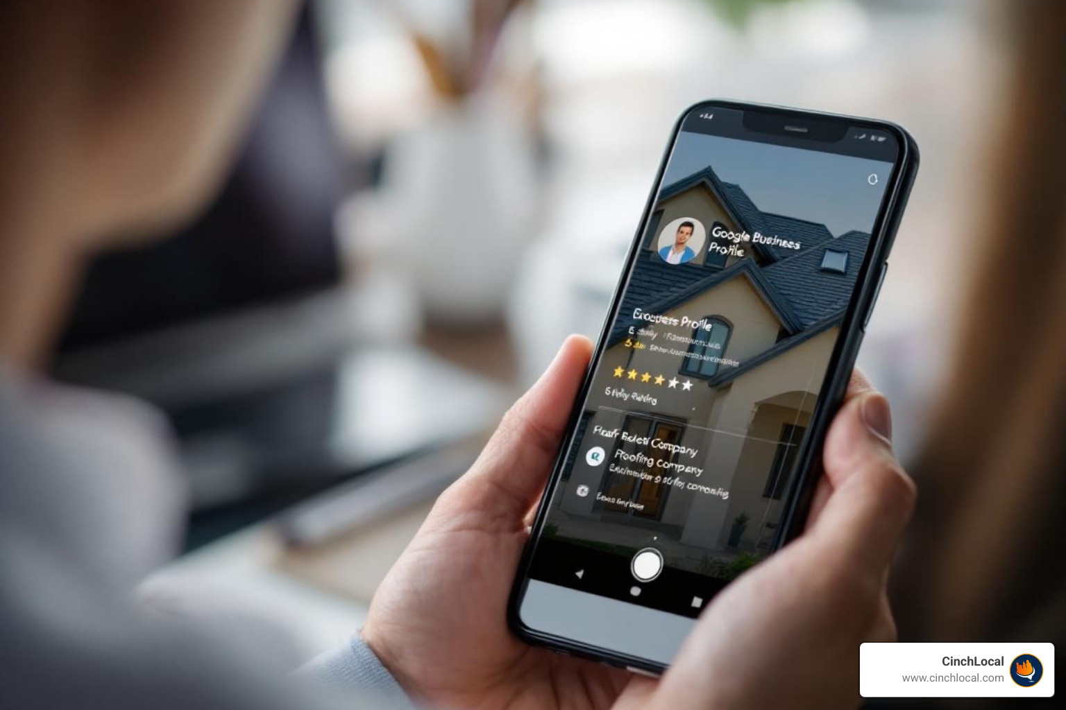 Google Business Profile for a 5-star rated roofing company displayed on a smartphone - hvac company local seo