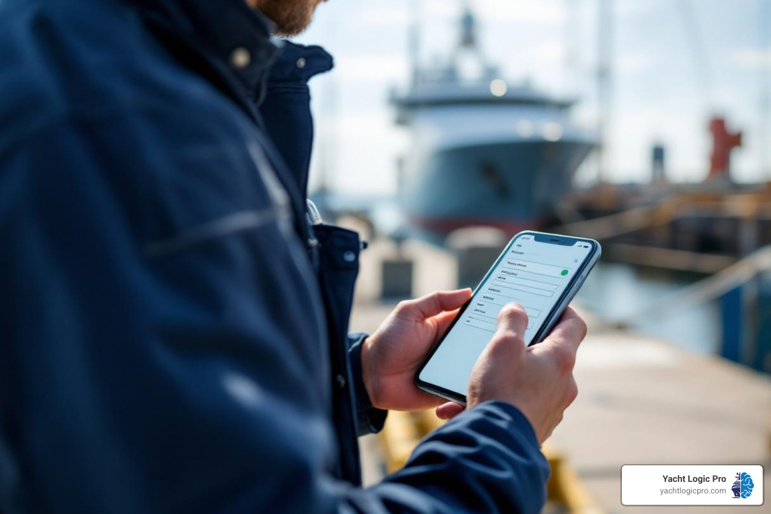 marine technician on a dock using a mobile app to update a work order - Ship maintenance software