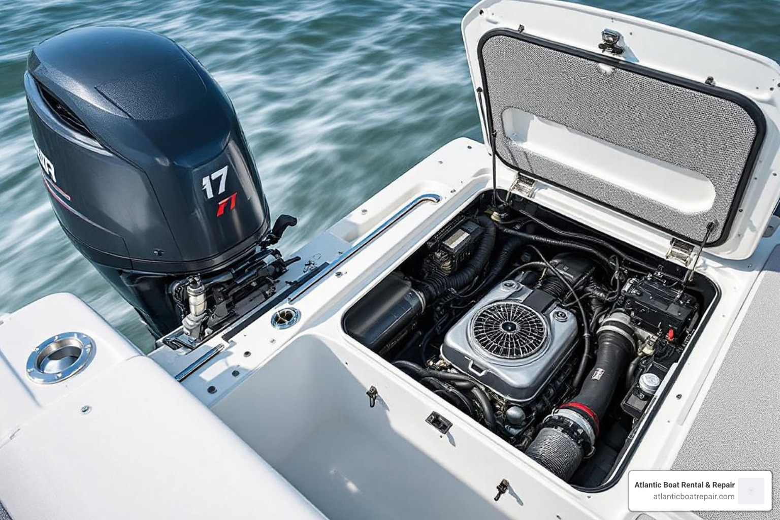 side by side image of an outboard motor and an inboard engine compartment - Boat engine winterization