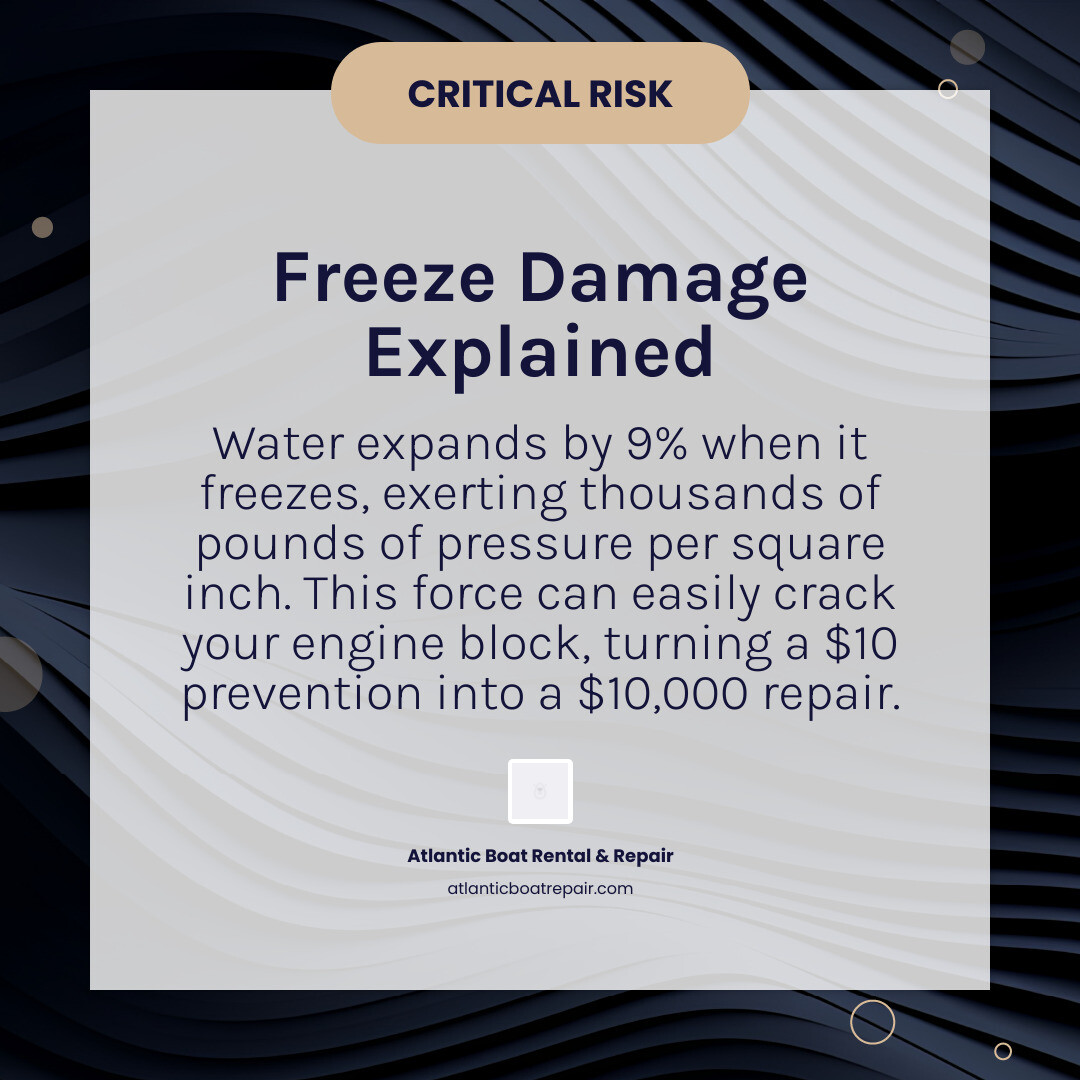 infographic showing water expansion when freezing, with comparison of cracked engine block versus protected engine with antifreeze circulation, including temperature danger zone and cost comparison - Boat engine winterization infographic simple-info-card-dark