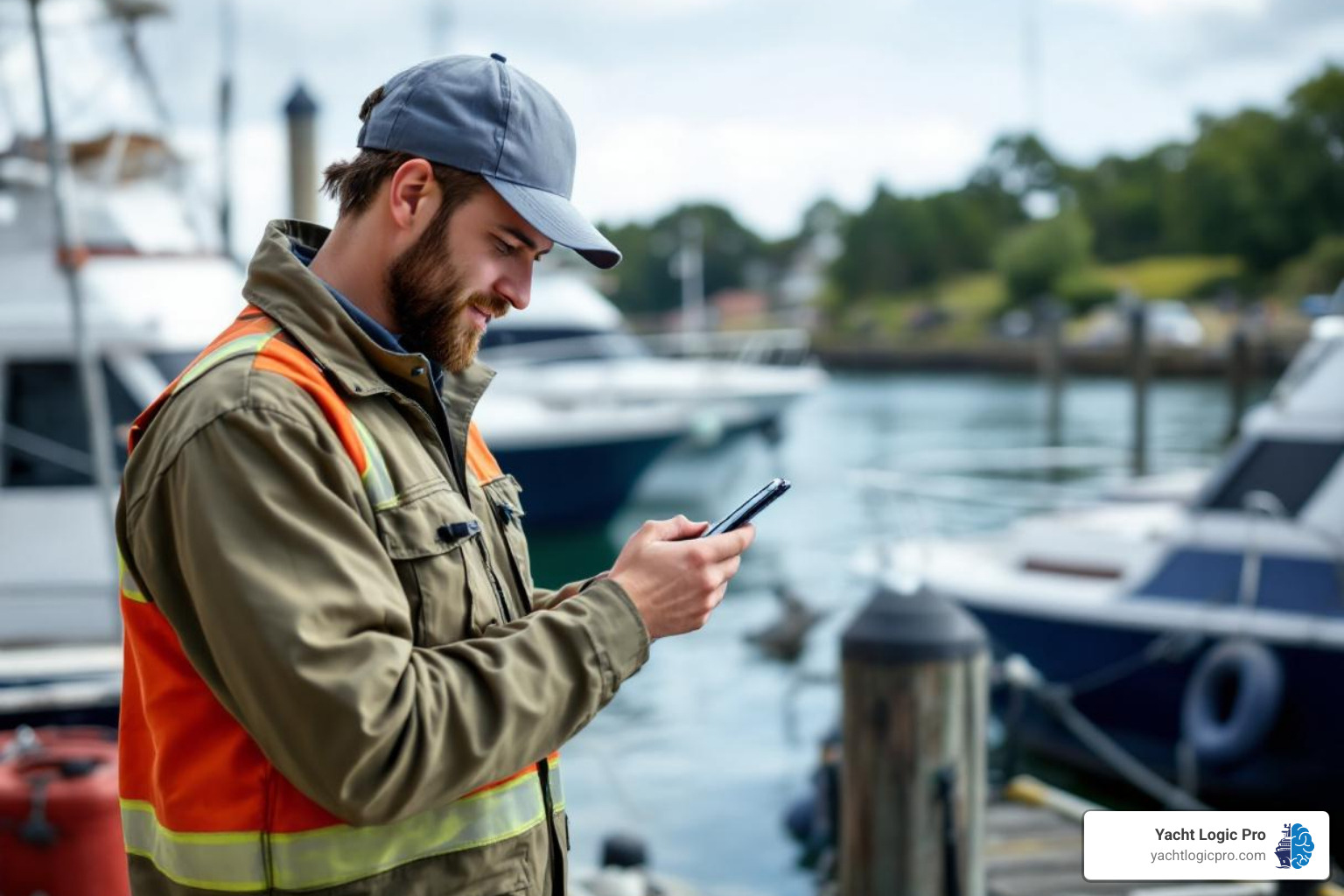 technician using a mobile app on a dock - marine business software