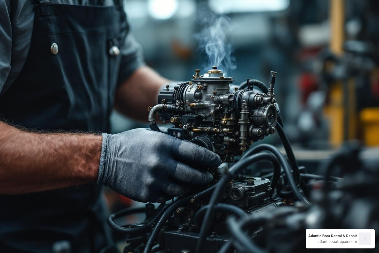 mechanic working on 2-stroke outboard carburetor - 2 stroke outboard mechanic near me