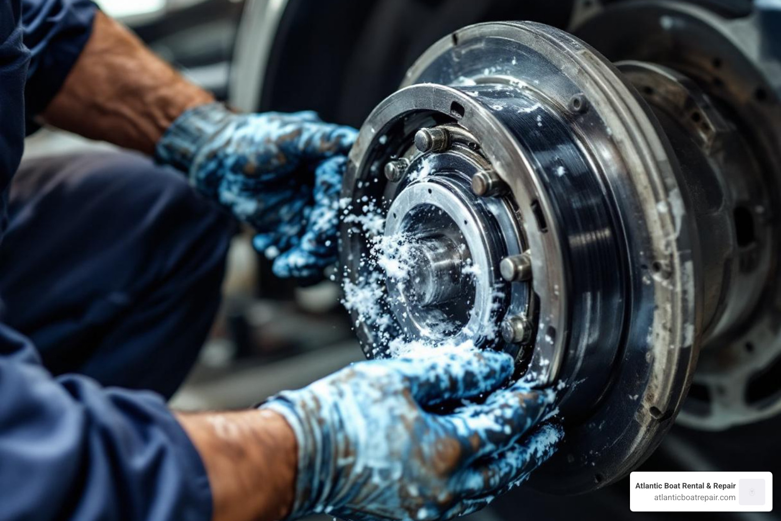 technician repacking a wheel bearing - marine boat trailer repair near me