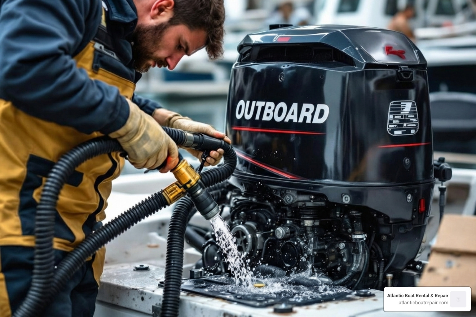 technician flushing an outboard motor with muffs - Boat engine winterization