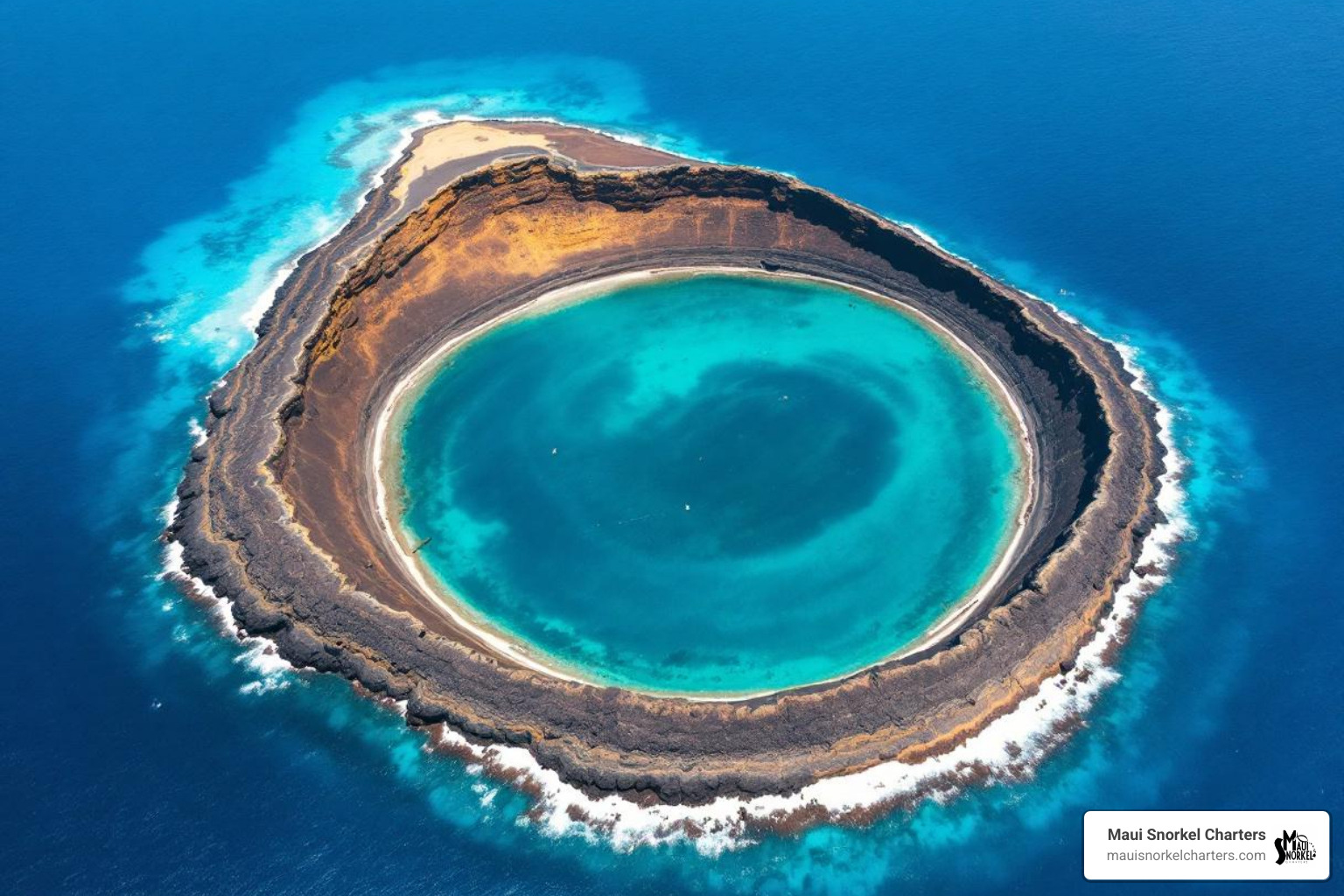 Molokini Crater from above, showing its crescent shape and clear blue water. - Maui snorkeling adventure Molokini Crater from above, showing its crescent shape and clear blue water. - Maui snorkeling adventure