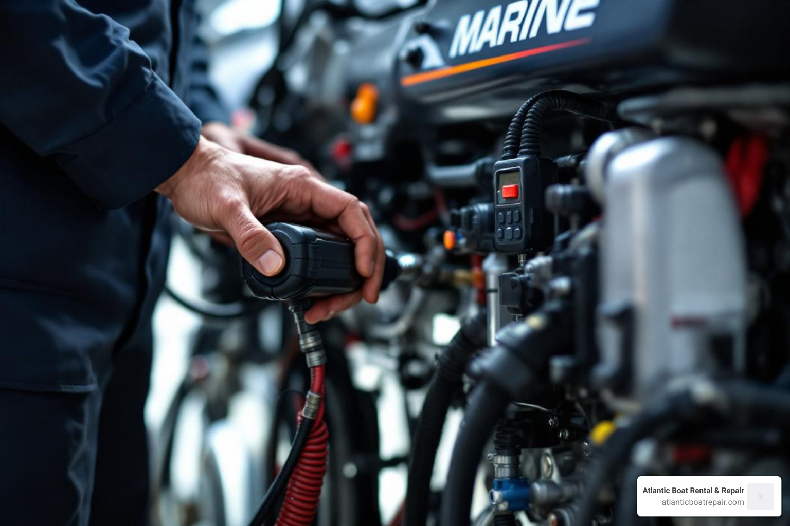 a marine technician connecting a diagnostic tool to an engine - Boat engine diagnostics