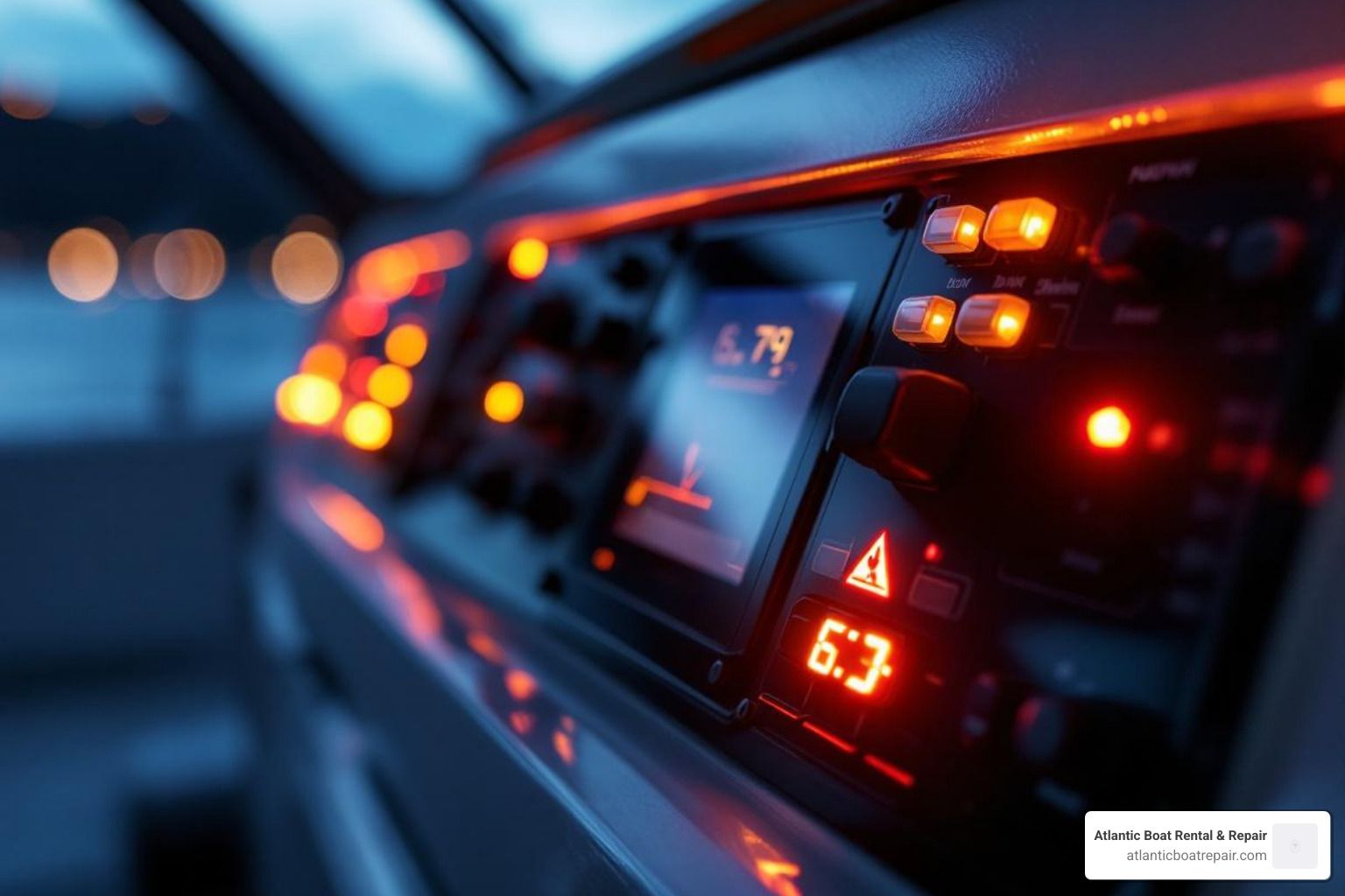 a boat's dashboard with multiple warning lights illuminated - Boat engine diagnostics