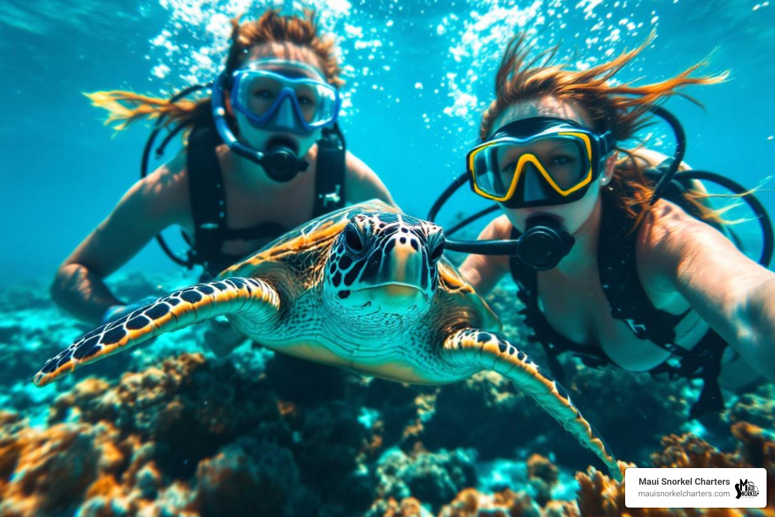 Snorkelers swimming with a sea turtle in clear blue water - Best Maui tours Snorkelers swimming with a sea turtle in clear blue water - Best Maui tours