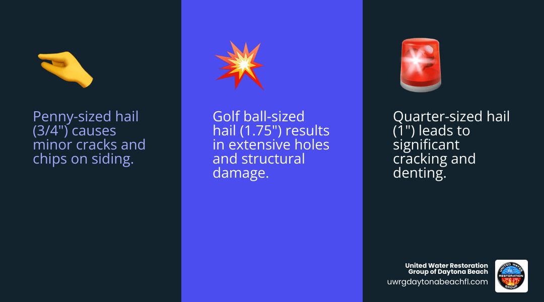Infographic showing three hailstone sizes (penny-sized at 3/4 inch, quarter-sized at 1 inch, and golf ball-sized at 1.75 inches) with corresponding damage severity levels: minor cracks and chips for penny-sized hail, significant cracking and denting for quarter-sized hail, and extensive holes and structural damage for golf ball-sized hail, with visual examples of each type of siding damage - hail damaged siding infographic 3_facts_emoji_blue Infographic showing three hailstone sizes (penny-sized at 3/4 inch, quarter-sized at 1 inch, and golf ball-sized at 1.75 inches) with corresponding damage severity levels: minor cracks and chips for penny-sized hail, significant cracking and denting for quarter-sized hail, and extensive holes and structural damage for golf ball-sized hail, with visual examples of each type of siding damage - hail damaged siding infographic 3_facts_emoji_blue