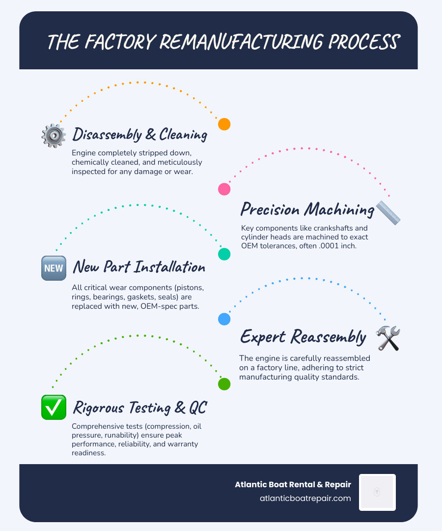 Infographic showing the factory remanufacturing process: disassembly and inspection, precision machining to restore tolerances, replacement of all critical wear components with new OEM-spec parts, reassembly on factory assembly line, rigorous testing including compression and oil pressure checks, final quality control inspection, and backed by comprehensive multi-year warranty - Factory remanufactured engines infographic infographic-line-5-steps-blues-accent_colors