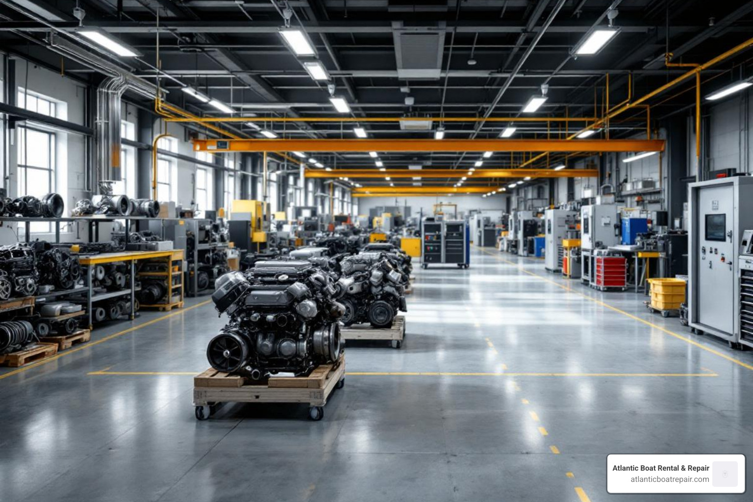 Clean, organized engine remanufacturing factory floor - Factory remanufactured engines