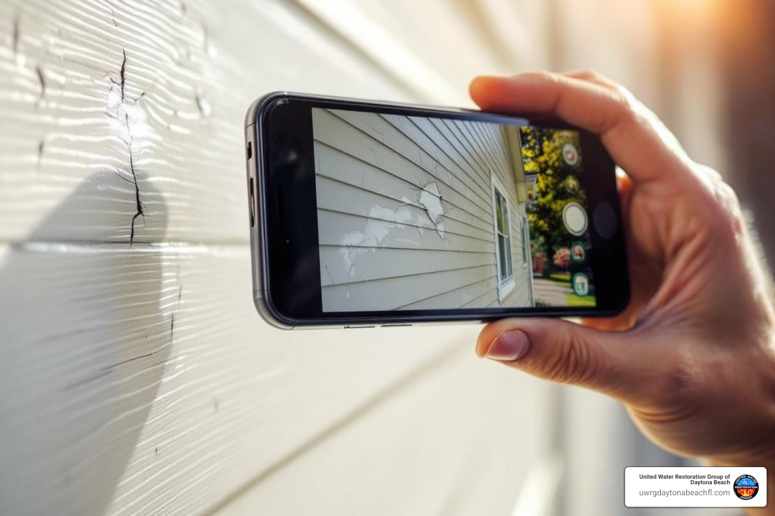 homeowner taking photos of siding damage with a smartphone - hail damaged siding homeowner taking photos of siding damage with a smartphone - hail damaged siding