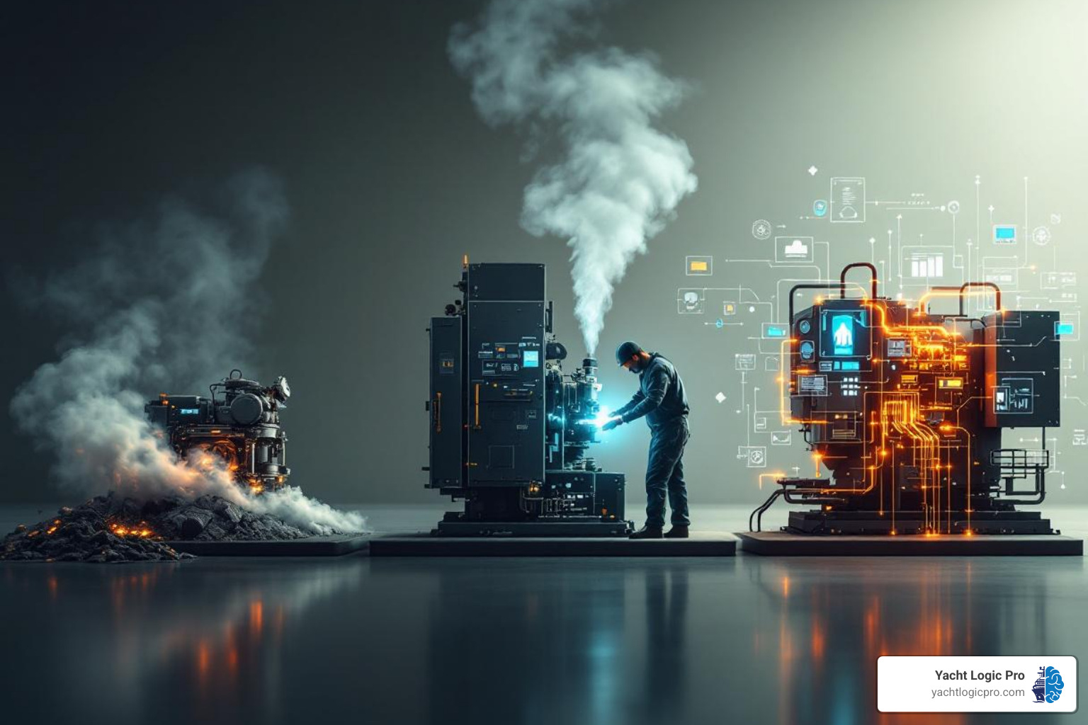 Timeline showing the progression from Reactive Maintenance to Preventive Maintenance to Predictive Maintenance to AI-Driven Predictive Maintenance - AI driven maintenance Timeline showing the progression from Reactive Maintenance to Preventive Maintenance to Predictive Maintenance to AI-Driven Predictive Maintenance - AI driven maintenance