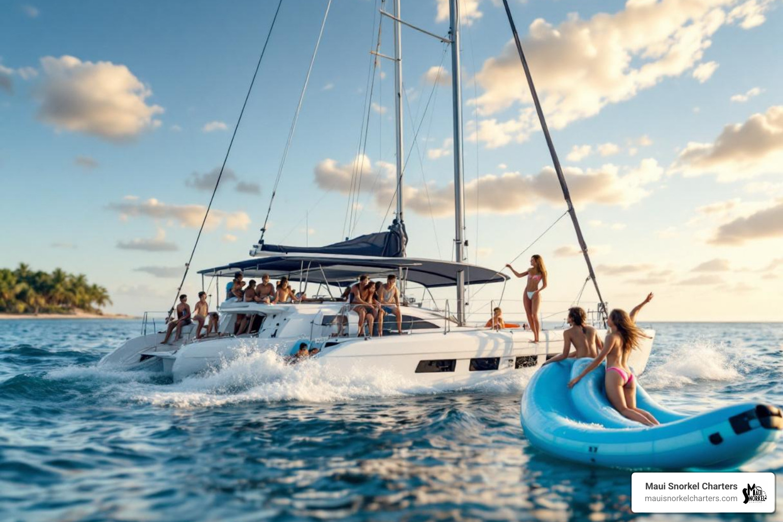 family enjoying a catamaran with a water slide - Maui snorkeling adventures family enjoying a catamaran with a water slide - Maui snorkeling adventures