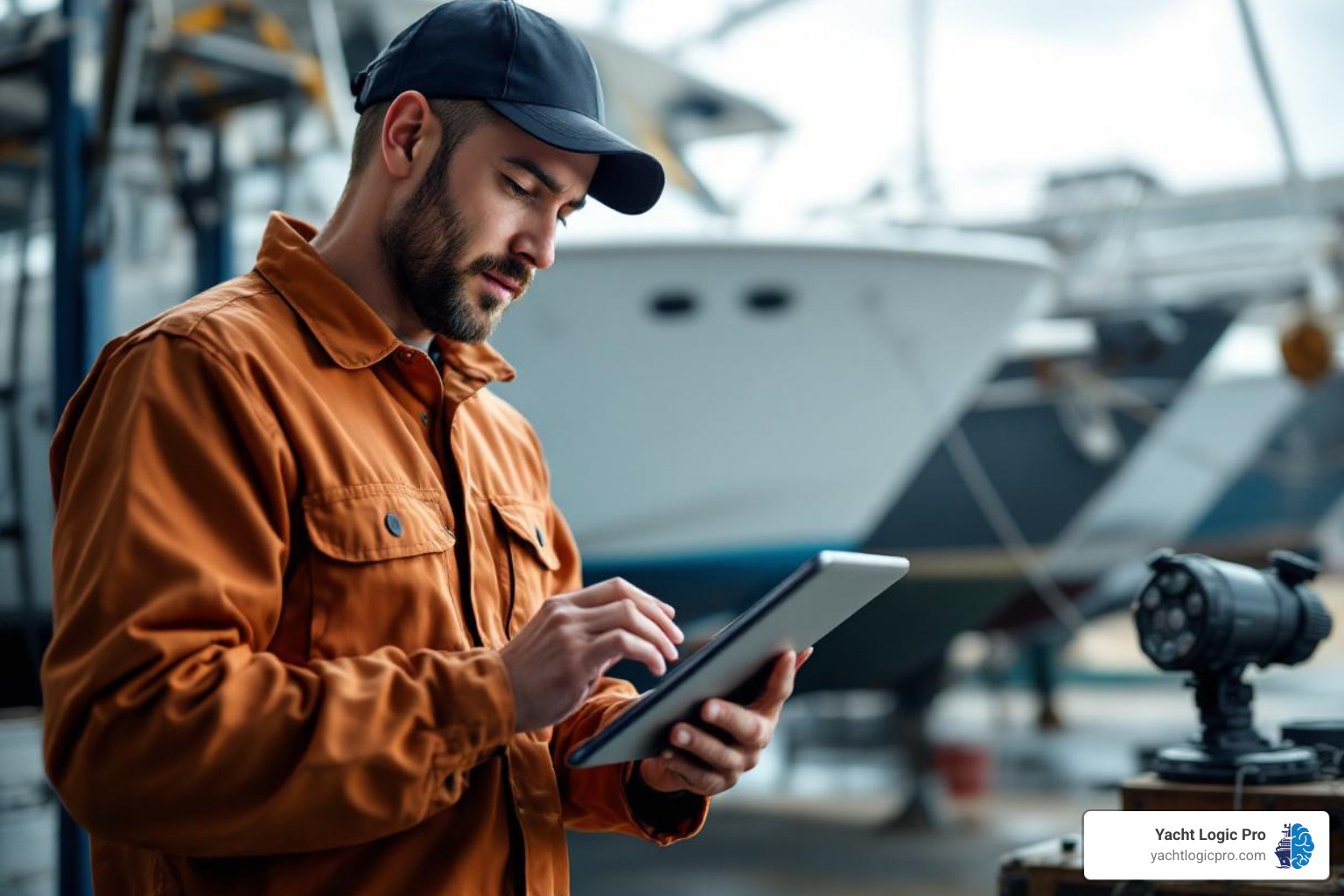 a technician using a tablet in a boatyard - marina management software a technician using a tablet in a boatyard - marina management software