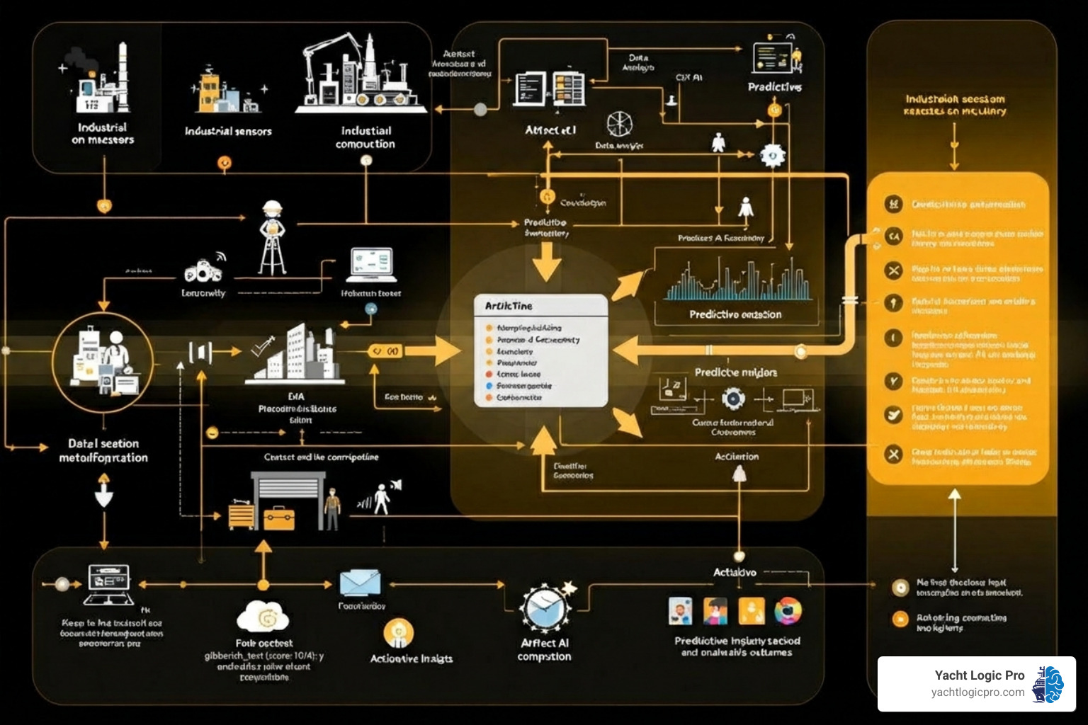 Flowchart showing data collection from sensors, data processing, AI model training, predictive analysis, and actionable insights - AI driven maintenance Flowchart showing data collection from sensors, data processing, AI model training, predictive analysis, and actionable insights - AI driven maintenance