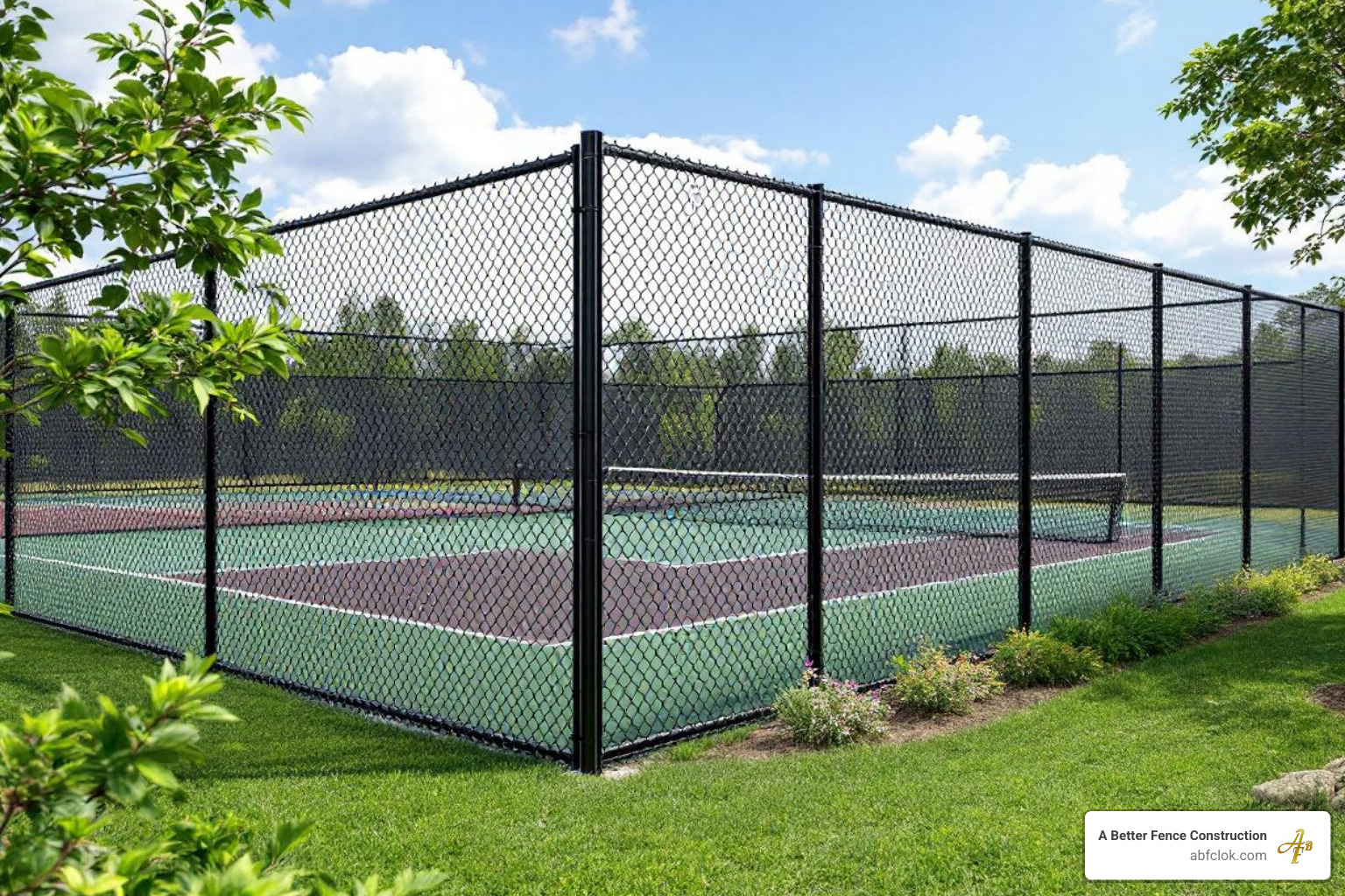 A black vinyl-coated chain link fence enclosing a tennis court, showcasing its durability and clean appearance. - Commercial Fencing A black vinyl-coated chain link fence enclosing a tennis court, showcasing its durability and clean appearance. - Commercial Fencing