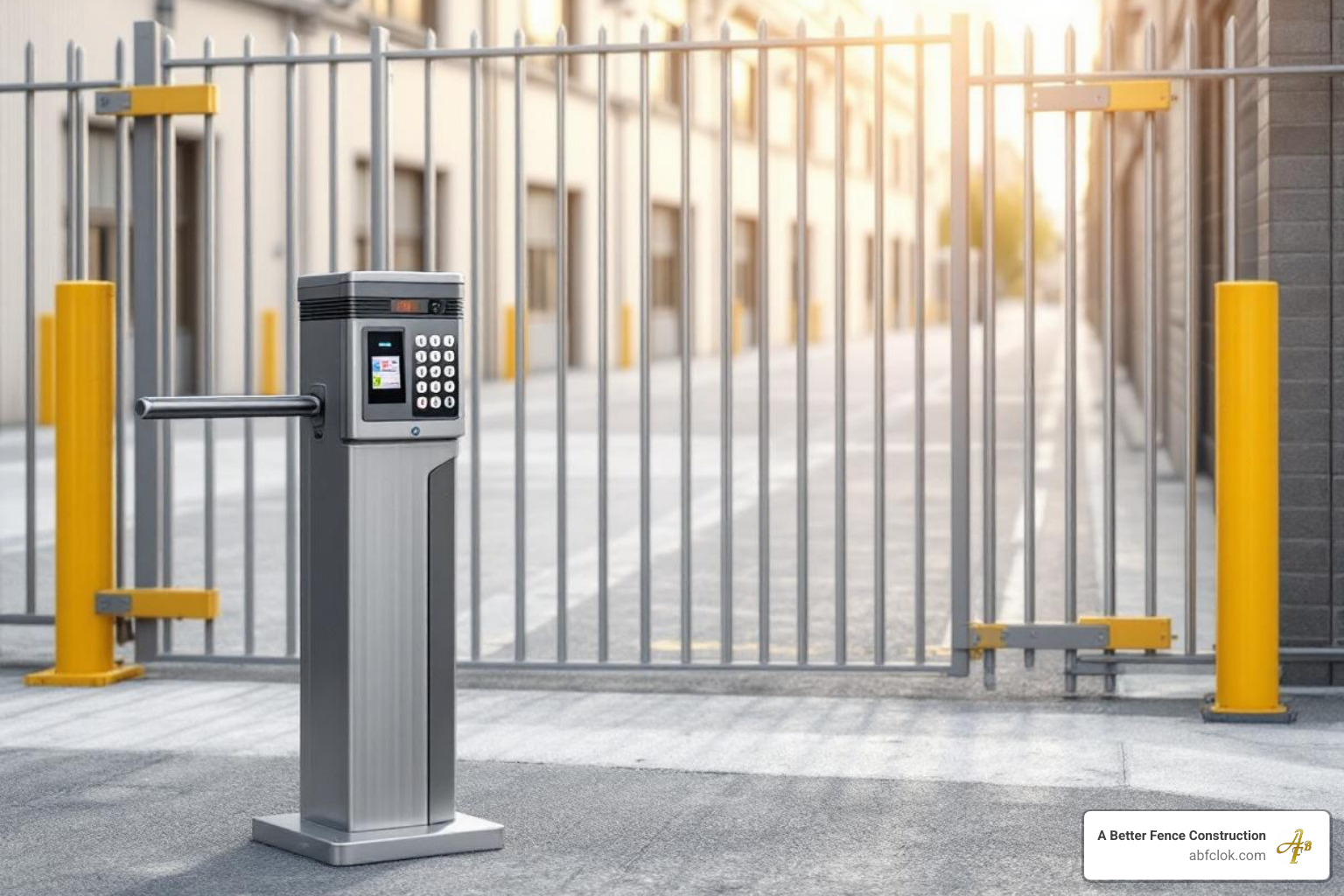 A secure commercial gate with an integrated access control system, featuring a keypad and card reader. - Commercial Fencing A secure commercial gate with an integrated access control system, featuring a keypad and card reader. - Commercial Fencing