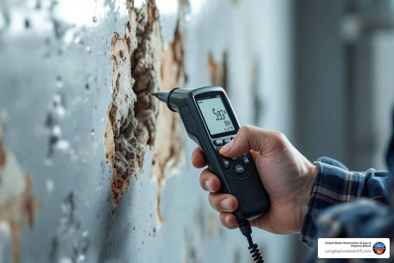 technician using moisture meter on wall - applied structural drying technician using moisture meter on wall - applied structural drying