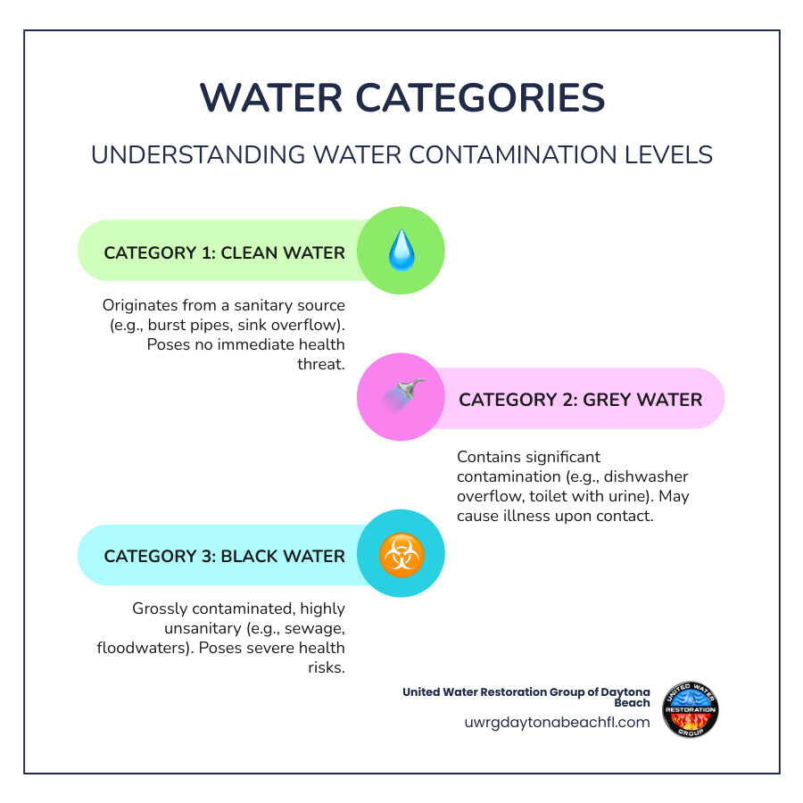 table comparing water categories (1, 2, 3) and water classes (1, 2, 3, 4) with examples for each - applied structural drying infographic infographic-line-3-steps-colors table comparing water categories (1, 2, 3) and water classes (1, 2, 3, 4) with examples for each - applied structural drying infographic infographic-line-3-steps-colors