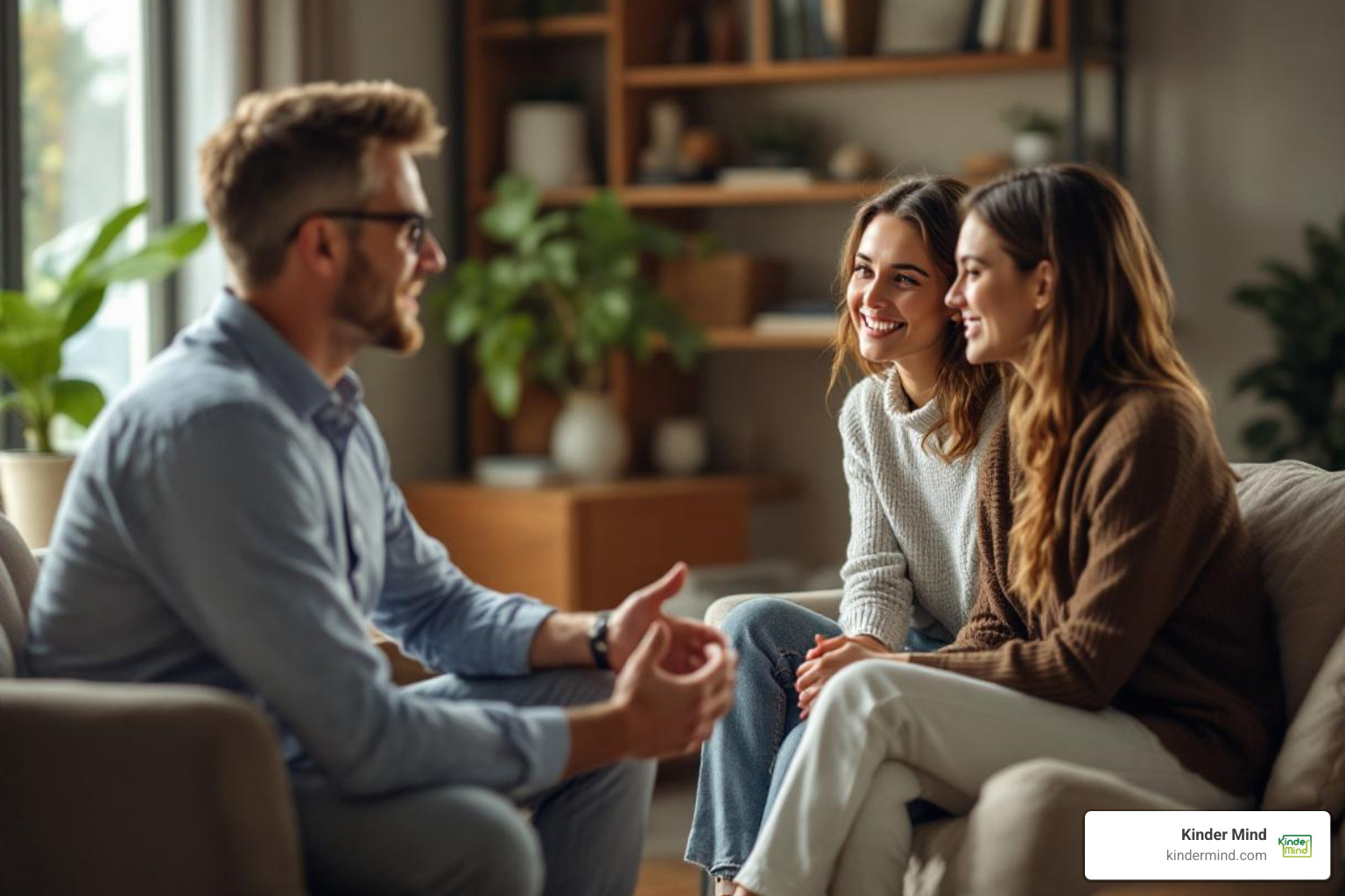 Compassionate therapist talking with two partners in an office setting - couples therapy for open relationships