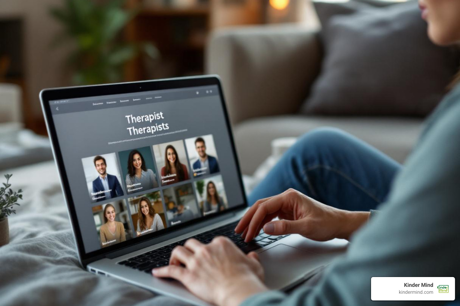 person thoughtfully browsing therapist profiles on a laptop - online therapy for adults