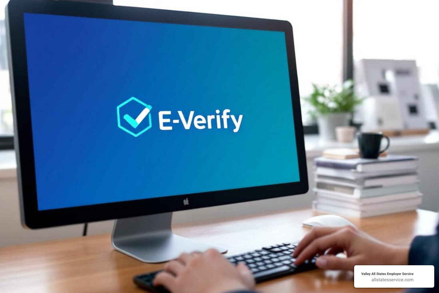 A completed Form I-9 next to a computer screen showing the E-Verify logo - compliant hiring practices