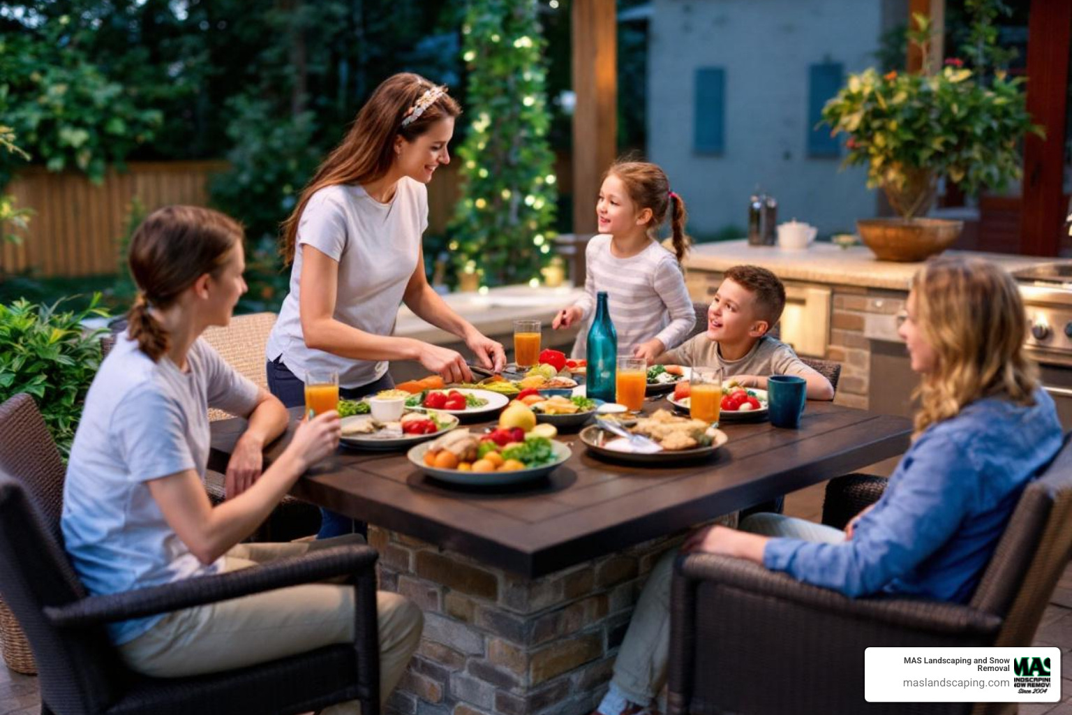 family enjoying a functional outdoor kitchen on a paver patio - landscape and hardscape
