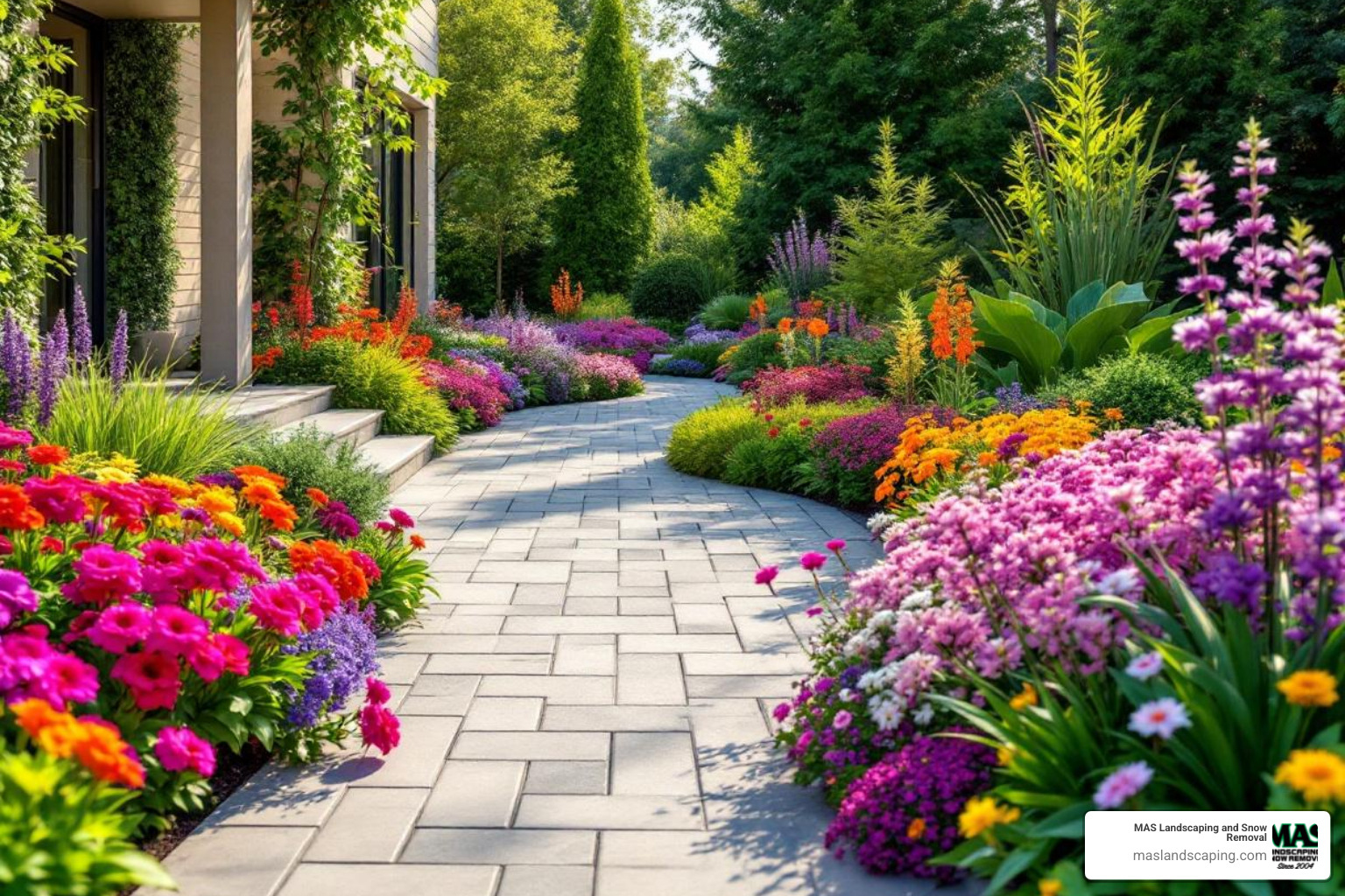 split screen showing a paver patio on one side and a flower garden on the other - landscape and hardscape