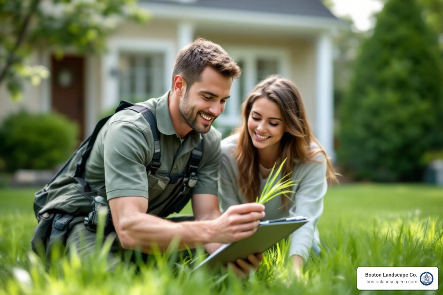 a friendly lawn care technician with a clipboard examining a blade of grass with a homeowner - custom lawn care near me