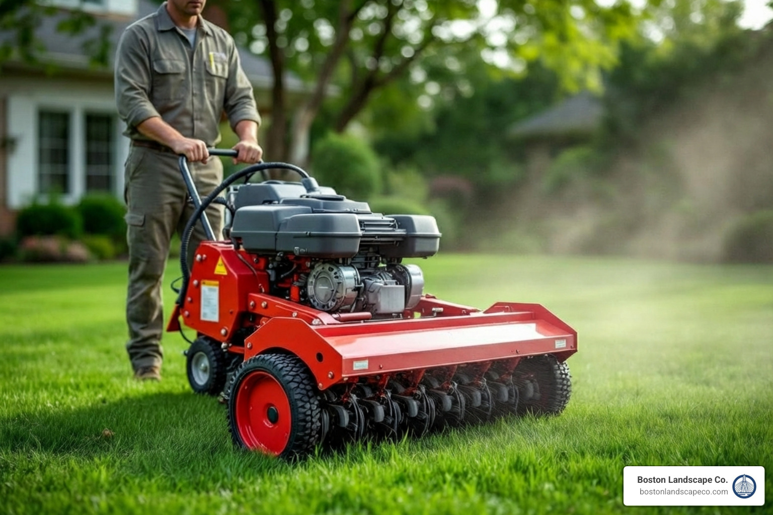 a core aeration machine operating on a residential lawn - custom lawn care near me
