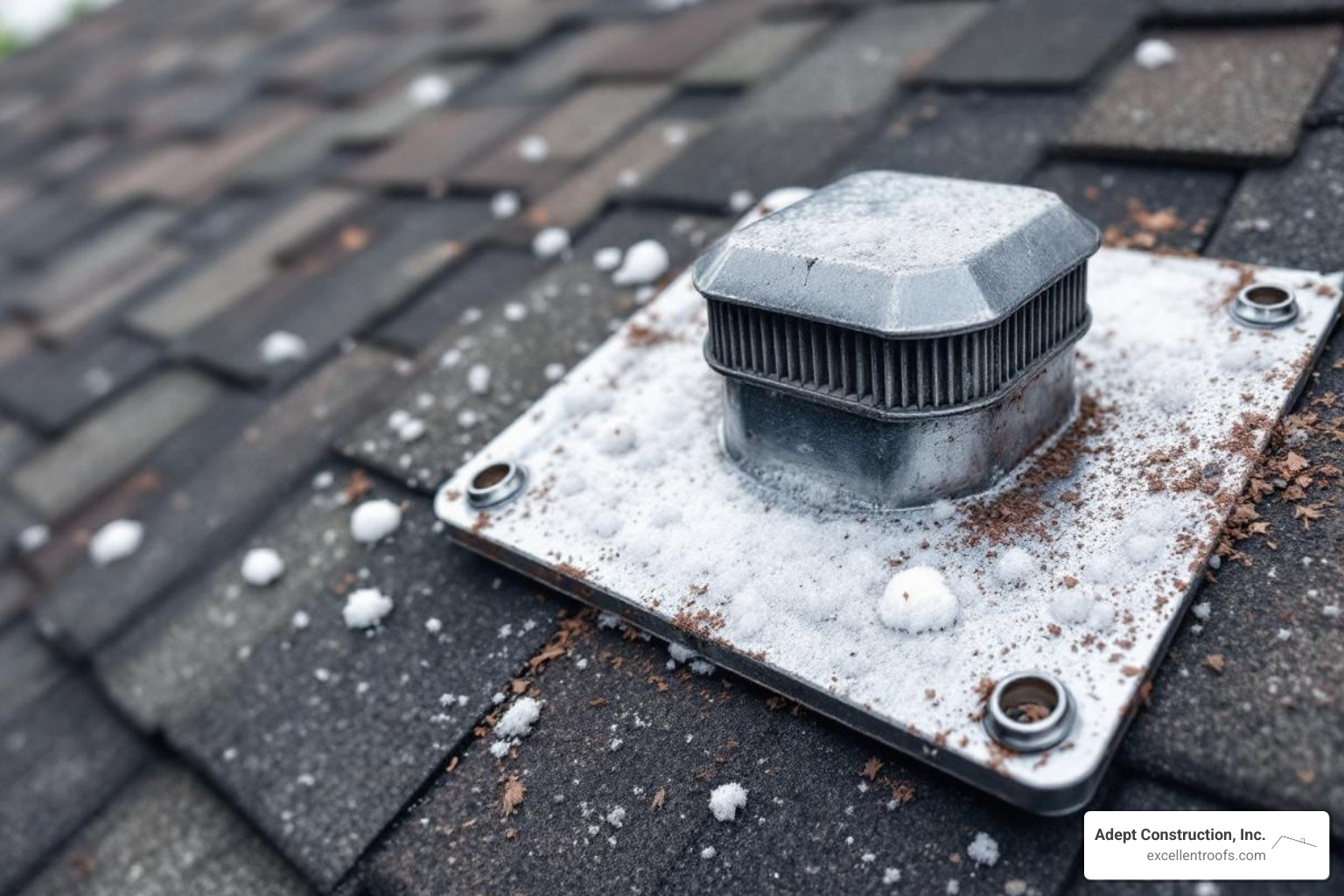 hail dents on a metal roof vent and granule loss on asphalt shingles - storm damage repair Naperville