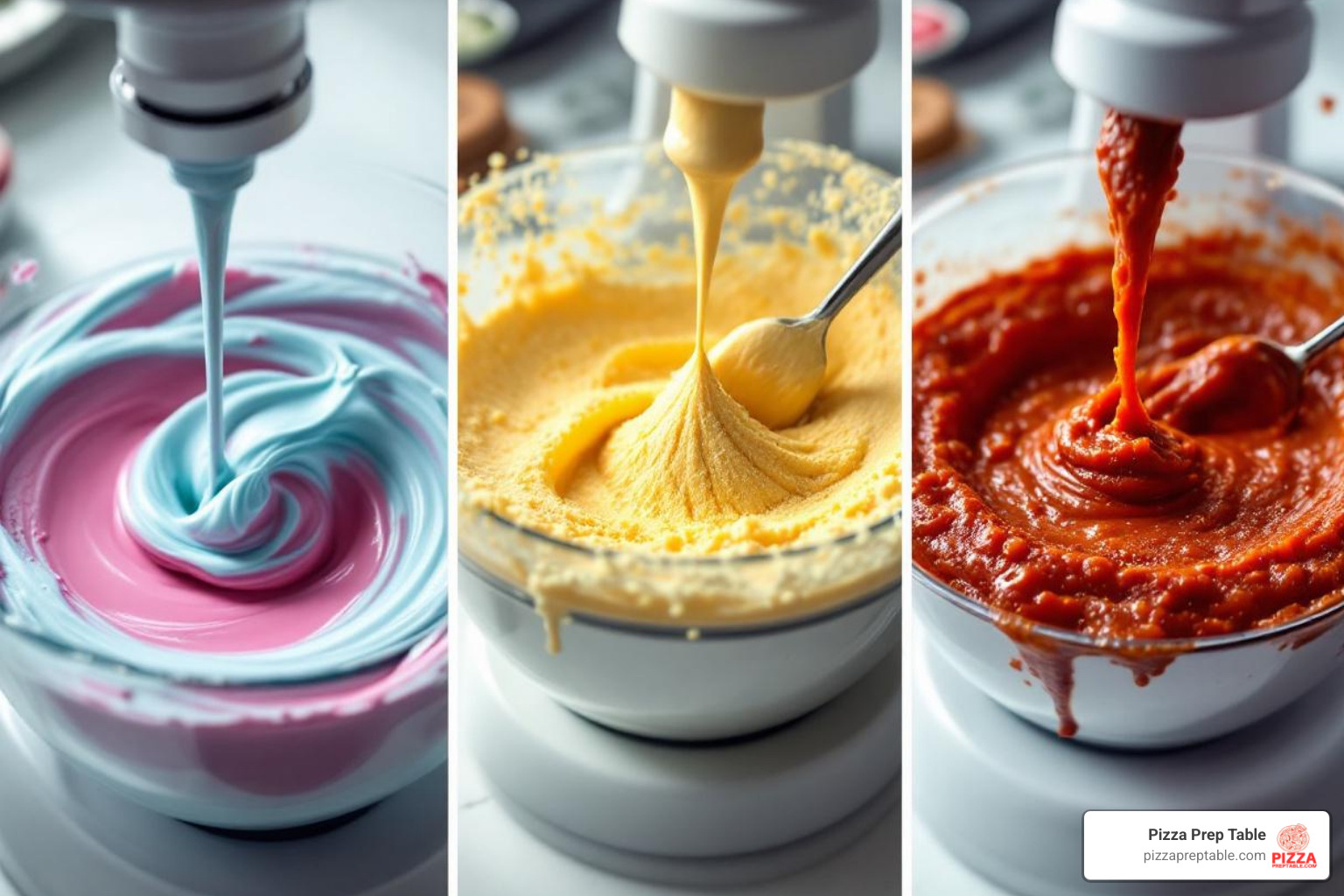 collage showing different materials mixed by a planetary mixer: a colorful cosmetic cream, a thick industrial adhesive, and a rich pizza sauce - lab planetary mixer collage showing different materials mixed by a planetary mixer: a colorful cosmetic cream, a thick industrial adhesive, and a rich pizza sauce - lab planetary mixer