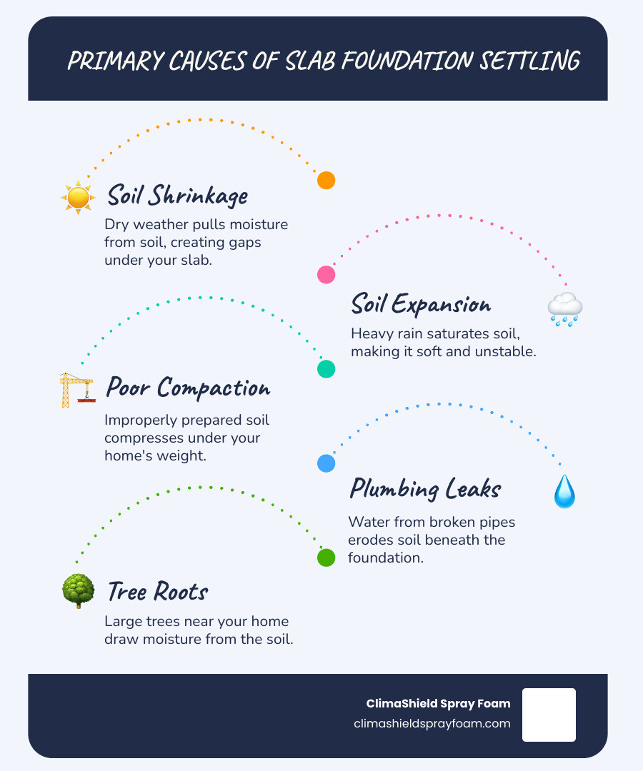 infographic showing cross-section of a home with a slab foundation, illustrating how soil movement beneath causes the slab to settle, with labeled arrows showing soil shrinkage, expansion, and poor compaction as primary causes - slab foundation settling infographic infographic-line-5-steps-blues-accent_colors