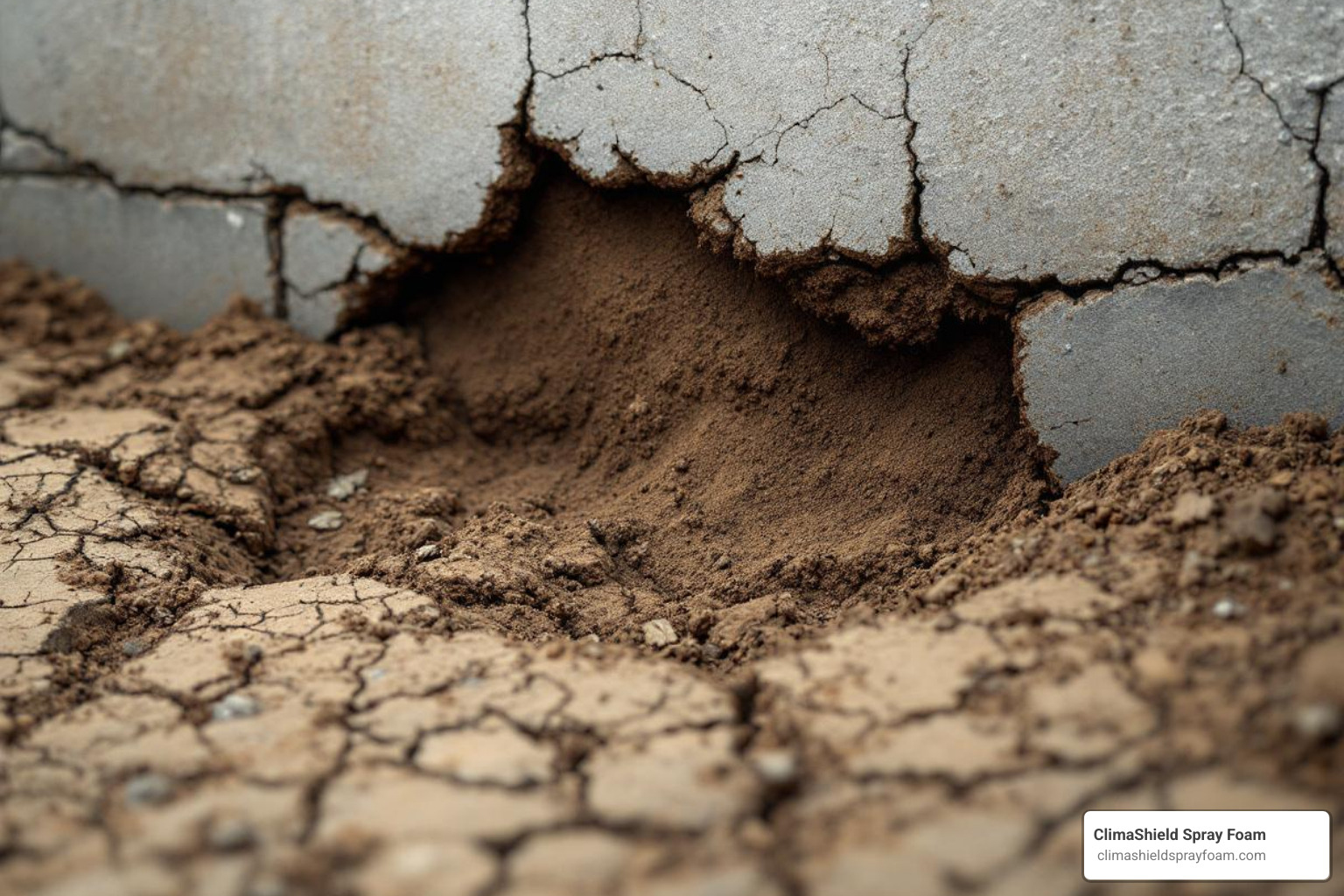 dry, cracked soil pulling away from a foundation wall - slab foundation settling